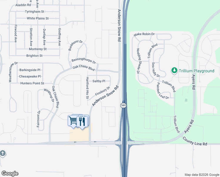 map of restaurants, bars, coffee shops, grocery stores, and more near 14222 Finsbury Drive in Spring Hill