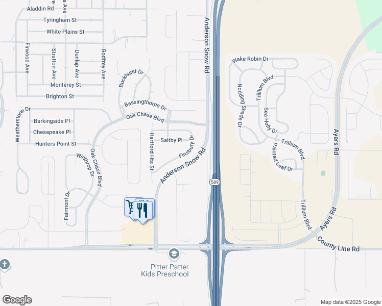 map of restaurants, bars, coffee shops, grocery stores, and more near 14222 Finsbury Drive in Spring Hill