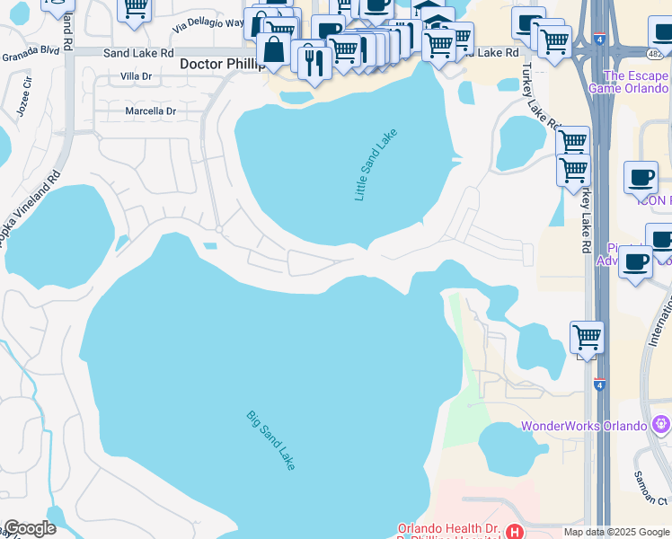 map of restaurants, bars, coffee shops, grocery stores, and more near 8749 The Esplanade in Orlando