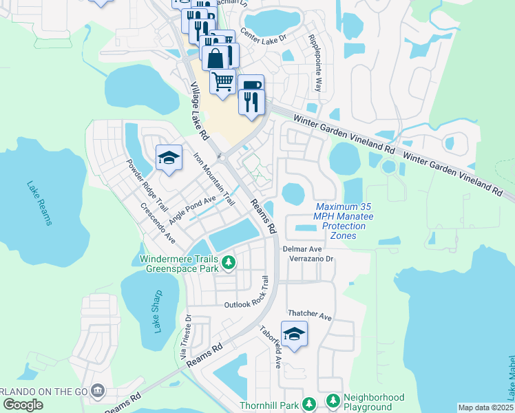 map of restaurants, bars, coffee shops, grocery stores, and more near 10604 Reams Road in Windermere