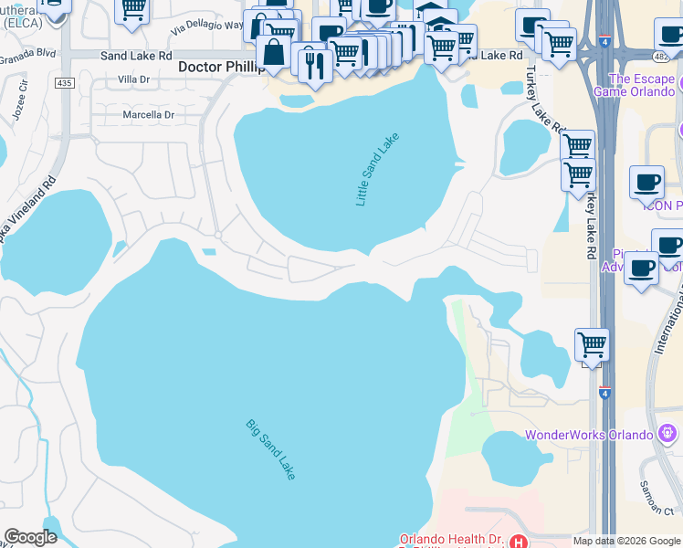 map of restaurants, bars, coffee shops, grocery stores, and more near 8731 The Esplanade in Orlando