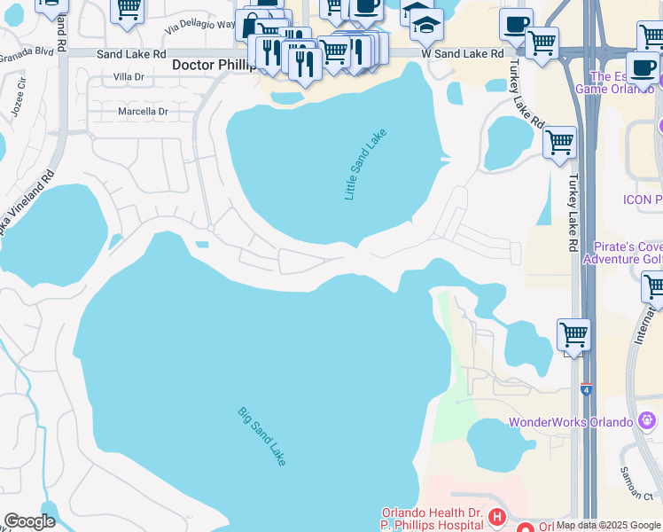map of restaurants, bars, coffee shops, grocery stores, and more near 8731 The Esplanade in Orlando