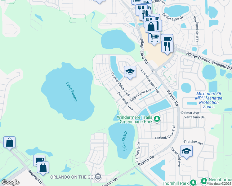 map of restaurants, bars, coffee shops, grocery stores, and more near 8626 Crescendo Avenue in Windermere