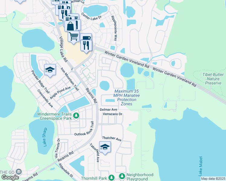 map of restaurants, bars, coffee shops, grocery stores, and more near 9006 Leeland Archer Boulevard in Orlando