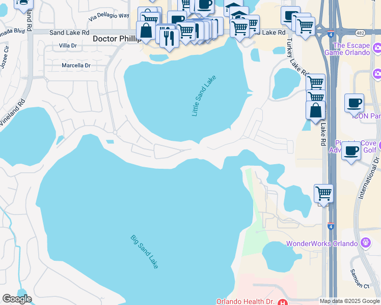 map of restaurants, bars, coffee shops, grocery stores, and more near 8743 The Esplanade in Orlando