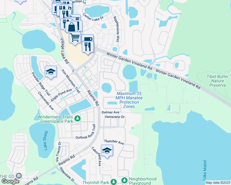 map of restaurants, bars, coffee shops, grocery stores, and more near 9006 Leeland Archer Boulevard in Orlando