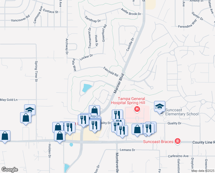map of restaurants, bars, coffee shops, grocery stores, and more near 10440 Palmgren Lane in Spring Hill