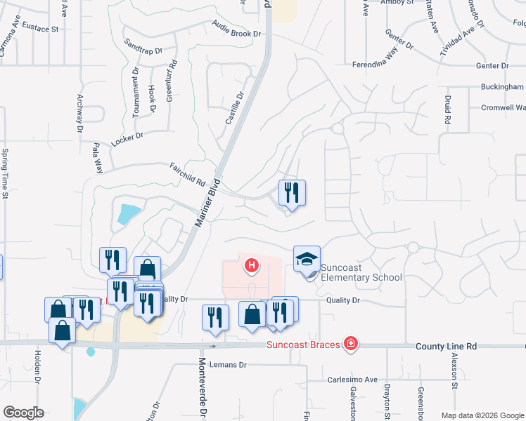 map of restaurants, bars, coffee shops, grocery stores, and more near 11151 Cherrywood Court in Spring Hill