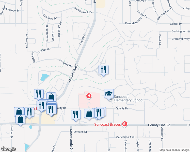 map of restaurants, bars, coffee shops, grocery stores, and more near 11151 Cherrywood Court in Spring Hill