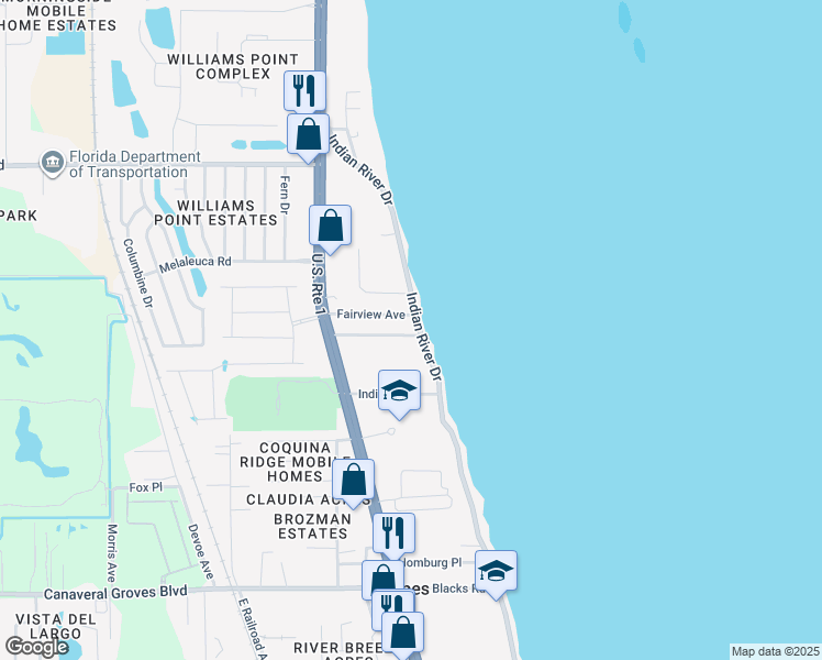 map of restaurants, bars, coffee shops, grocery stores, and more near 147 Fairview Avenue in Cocoa