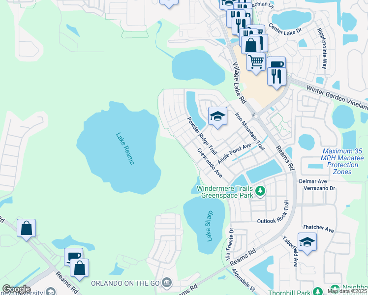 map of restaurants, bars, coffee shops, grocery stores, and more near Lookout Pointe Drive in Windermere