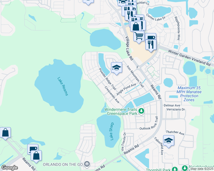 map of restaurants, bars, coffee shops, grocery stores, and more near 8654 Powder Ridge Trail in Windermere