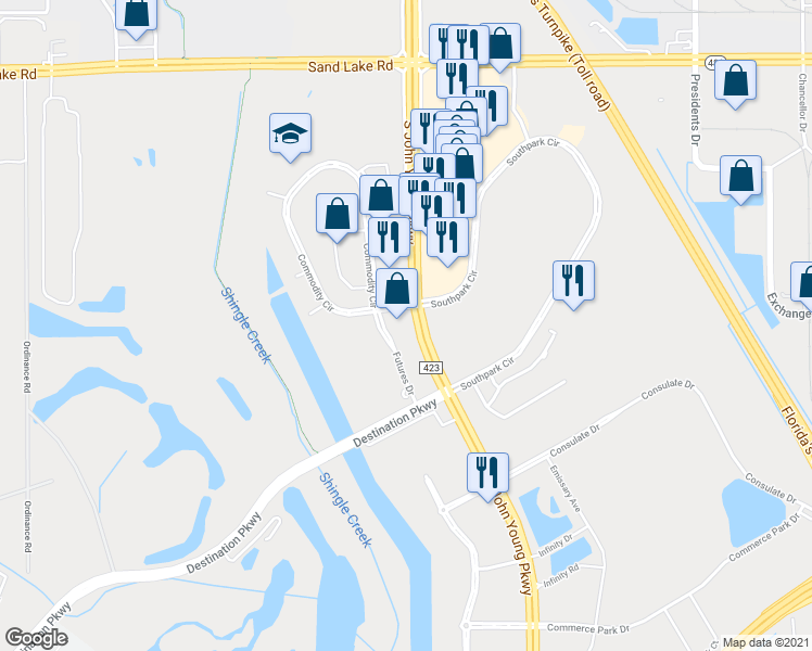 map of restaurants, bars, coffee shops, grocery stores, and more near 8800 South John Young Parkway in Orlando