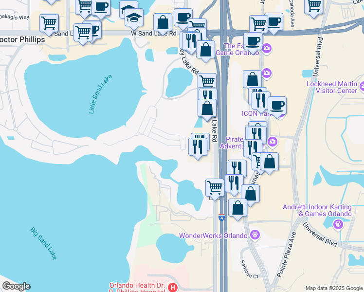 map of restaurants, bars, coffee shops, grocery stores, and more near 7361 Alpine Butterfly Lane in Orlando