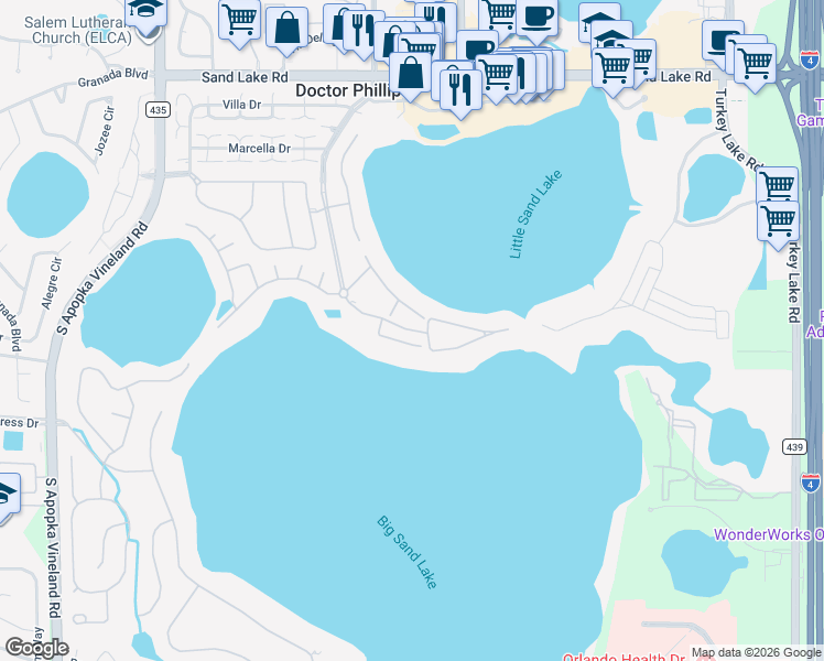 map of restaurants, bars, coffee shops, grocery stores, and more near 8519 Terlizzi Court in Orlando