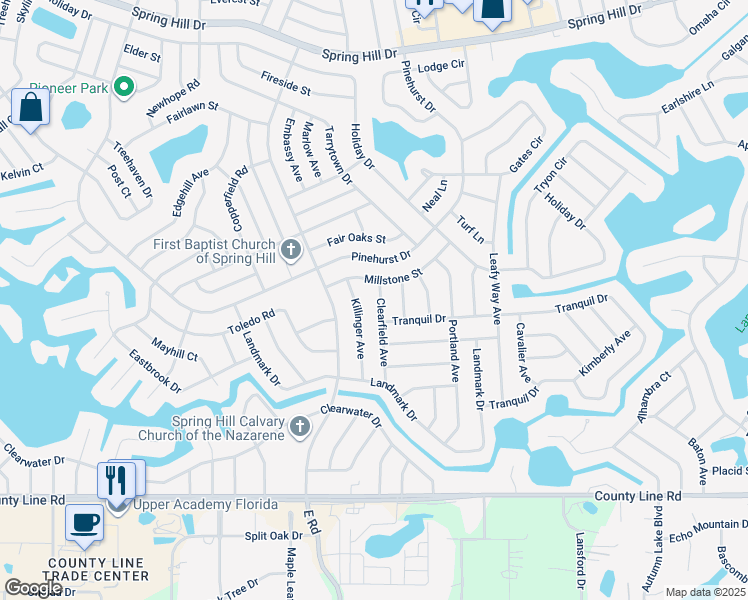 map of restaurants, bars, coffee shops, grocery stores, and more near 360 Clearfield Avenue in Spring Hill