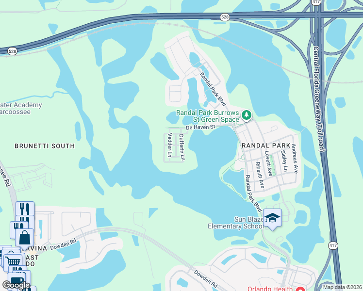 map of restaurants, bars, coffee shops, grocery stores, and more near Dufferin Lane in Orlando
