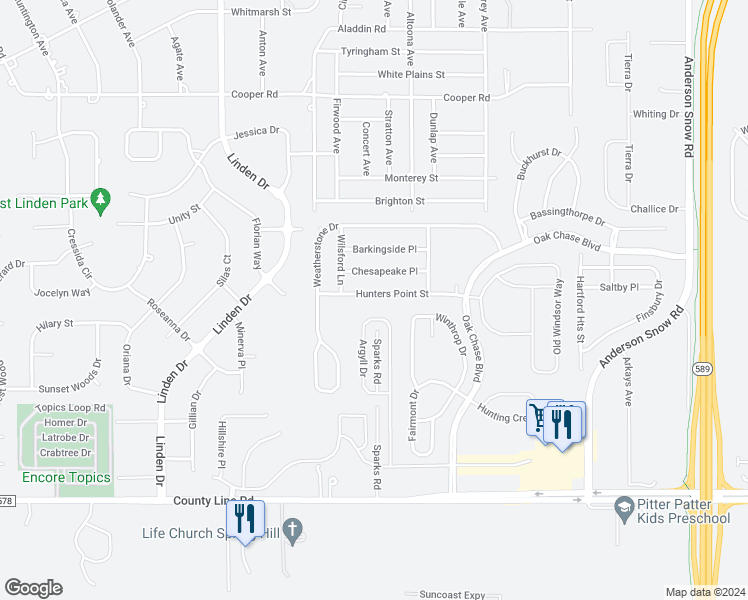 map of restaurants, bars, coffee shops, grocery stores, and more near 13440 Hunters Point Street in Spring Hill