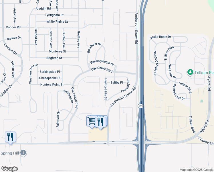 map of restaurants, bars, coffee shops, grocery stores, and more near 596 Hartford Heights Street in Spring Hill
