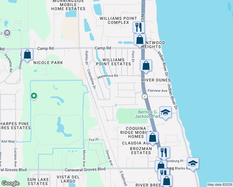 map of restaurants, bars, coffee shops, grocery stores, and more near 443 Catfish Place in Cocoa