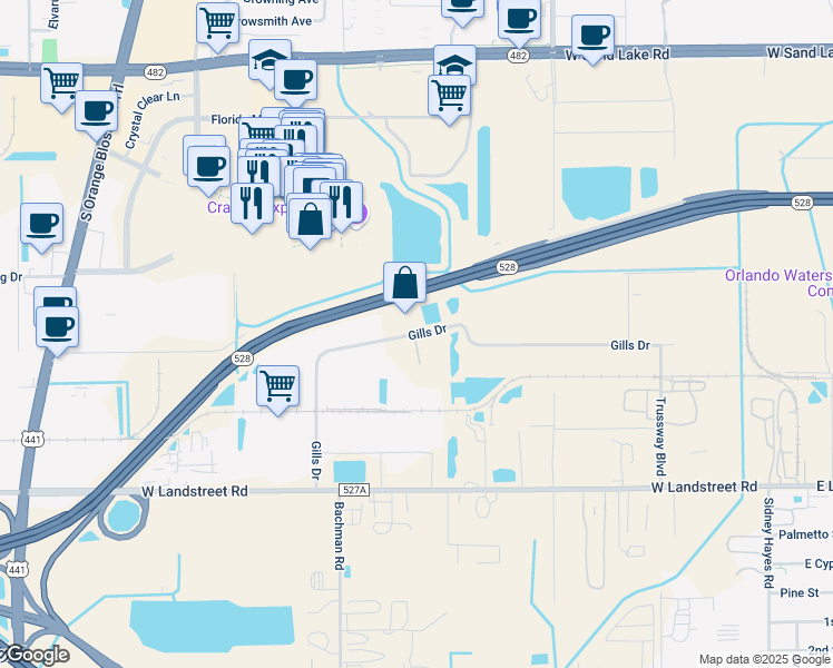 map of restaurants, bars, coffee shops, grocery stores, and more near 898 Gills Drive in Orlando