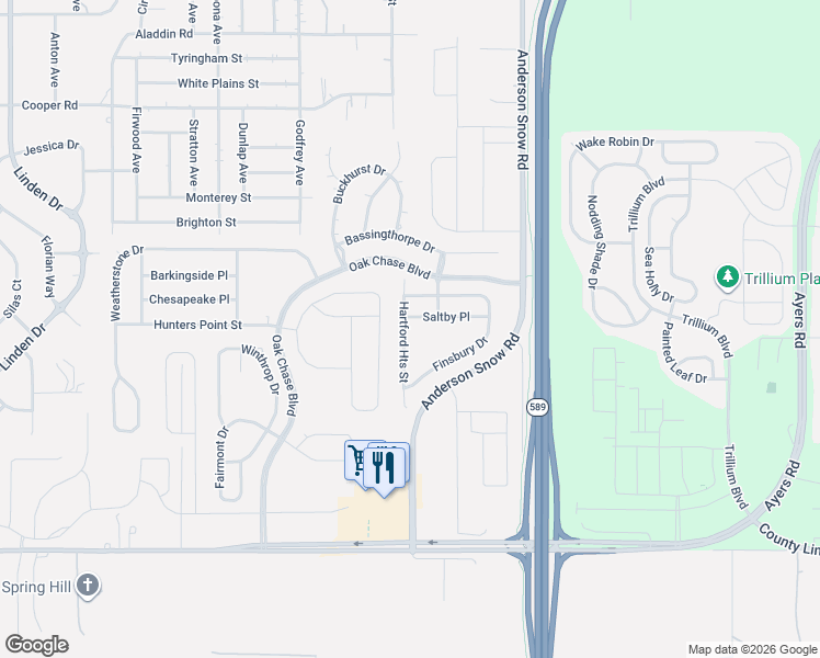 map of restaurants, bars, coffee shops, grocery stores, and more near 596 Hartford Heights Street in Spring Hill