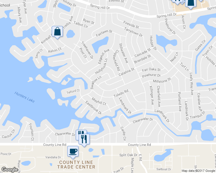 map of restaurants, bars, coffee shops, grocery stores, and more near 6990 Merrick Lane in Spring Hill