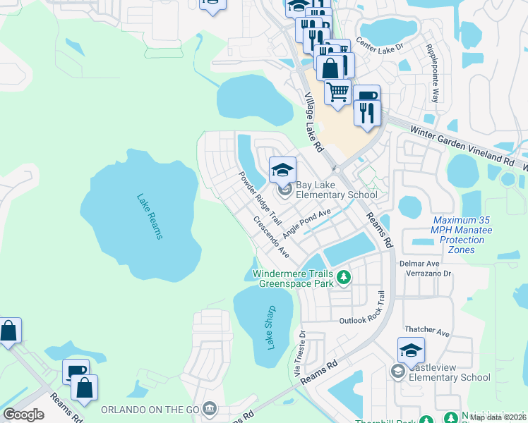 map of restaurants, bars, coffee shops, grocery stores, and more near 8654 Powder Ridge Trail in Windermere