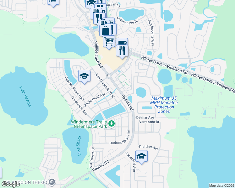map of restaurants, bars, coffee shops, grocery stores, and more near 10718 Reams Road in Windermere