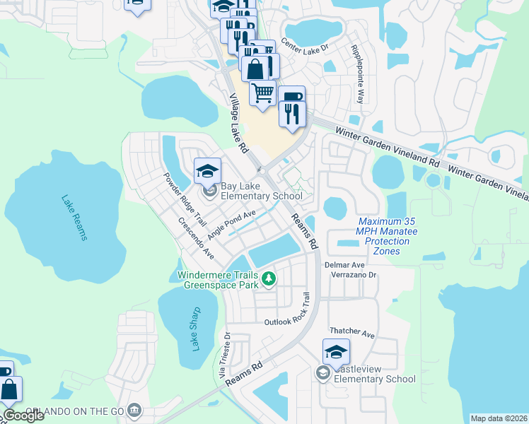 map of restaurants, bars, coffee shops, grocery stores, and more near 11804 Angle Pond Avenue in Windermere