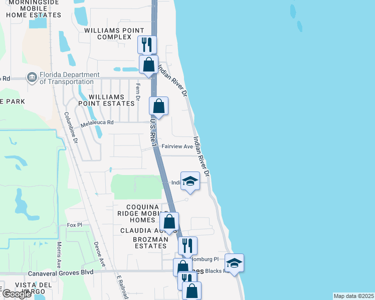 map of restaurants, bars, coffee shops, grocery stores, and more near 147 Fairview Avenue in Cocoa