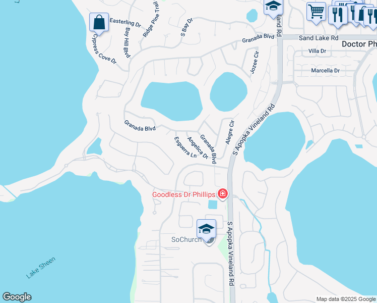 map of restaurants, bars, coffee shops, grocery stores, and more near 8919 Esguerra Lane in Orlando
