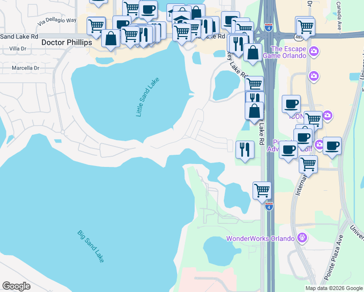map of restaurants, bars, coffee shops, grocery stores, and more near 7409 Alpine Butterfly Lane in Orlando