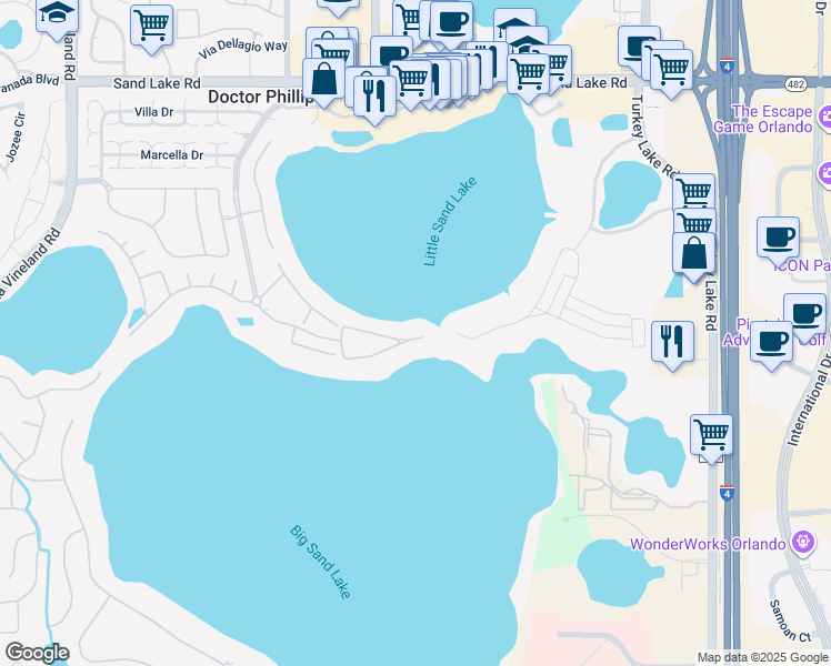 map of restaurants, bars, coffee shops, grocery stores, and more near 8743 The Esplanade in Orlando