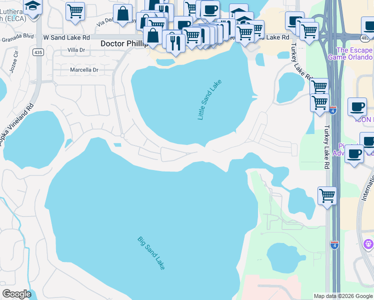 map of restaurants, bars, coffee shops, grocery stores, and more near 8731 The Esplanade in Orlando