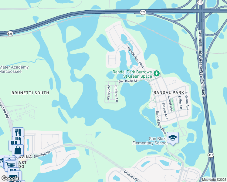 map of restaurants, bars, coffee shops, grocery stores, and more near 8574 Dufferin Lane in Orlando