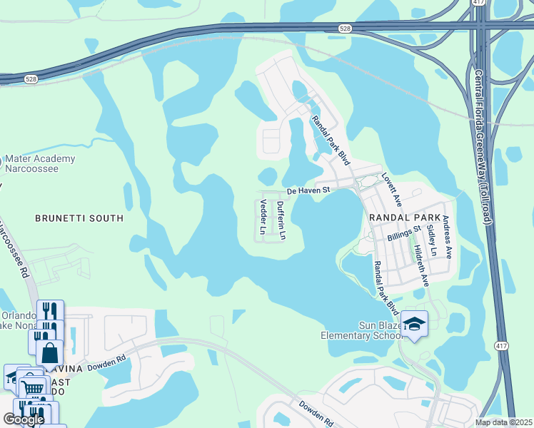 map of restaurants, bars, coffee shops, grocery stores, and more near 8569 Vedder Lane in Orlando