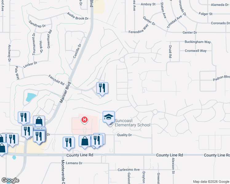 map of restaurants, bars, coffee shops, grocery stores, and more near 367 Quane Avenue in Spring Hill