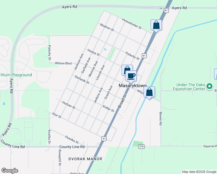 map of restaurants, bars, coffee shops, grocery stores, and more near 382 Jenkins Avenue in Masaryktown