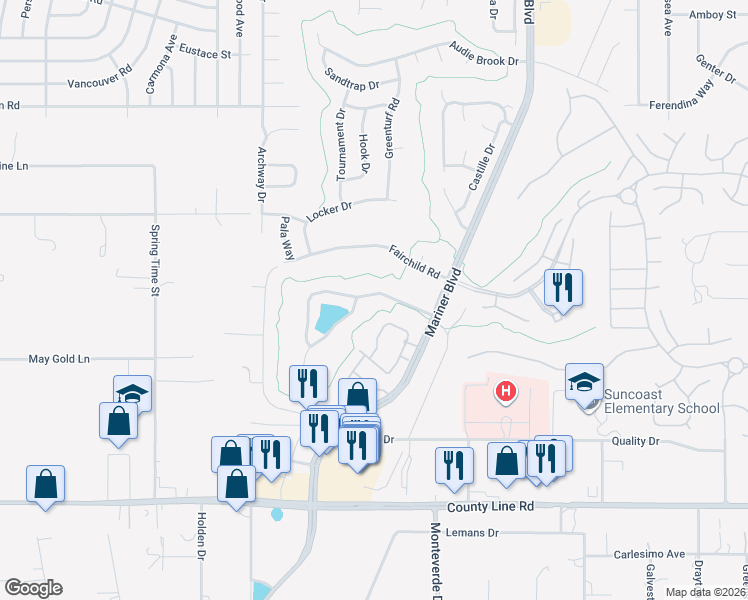 map of restaurants, bars, coffee shops, grocery stores, and more near 10414 Palmgren Lane in Spring Hill