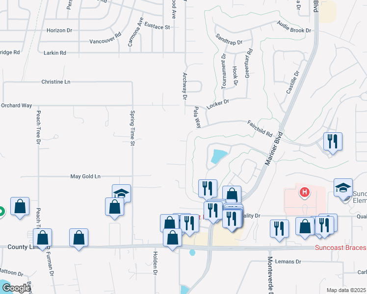 map of restaurants, bars, coffee shops, grocery stores, and more near 377 Royal Palm Way in Spring Hill