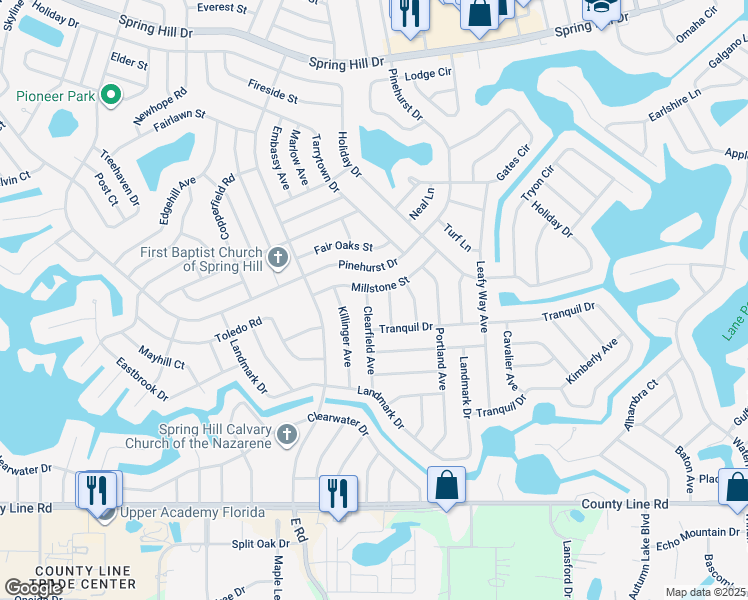 map of restaurants, bars, coffee shops, grocery stores, and more near 360 Clearfield Avenue in Spring Hill