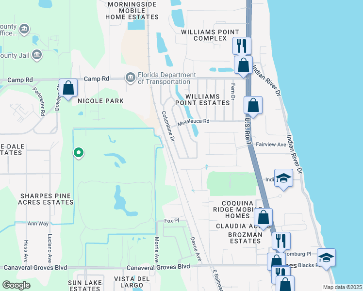 map of restaurants, bars, coffee shops, grocery stores, and more near 6861 Blue Bonnet Drive in Cocoa