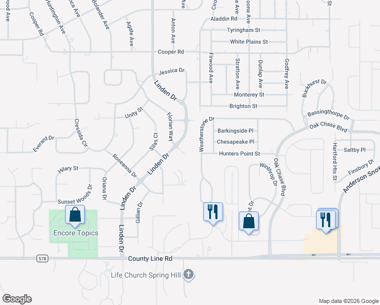 map of restaurants, bars, coffee shops, grocery stores, and more near 348 Florian Way in Spring Hill