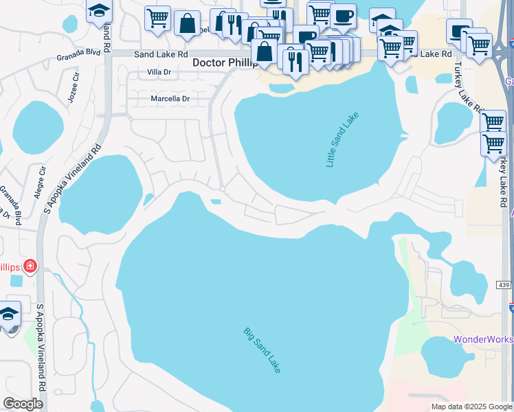 map of restaurants, bars, coffee shops, grocery stores, and more near 8519 Terlizzi Court in Orlando