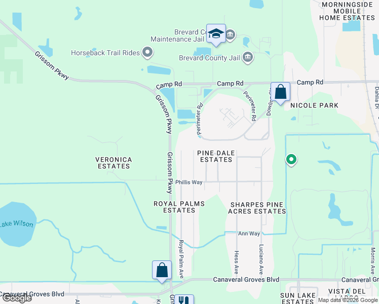 map of restaurants, bars, coffee shops, grocery stores, and more near 4265 Royal Palm Avenue in Cocoa