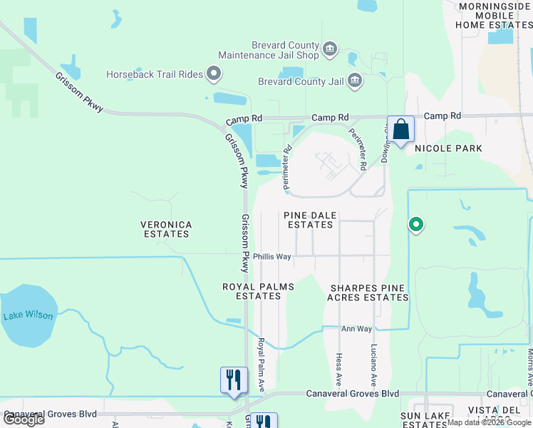 map of restaurants, bars, coffee shops, grocery stores, and more near 4265 Royal Palm Avenue in Cocoa