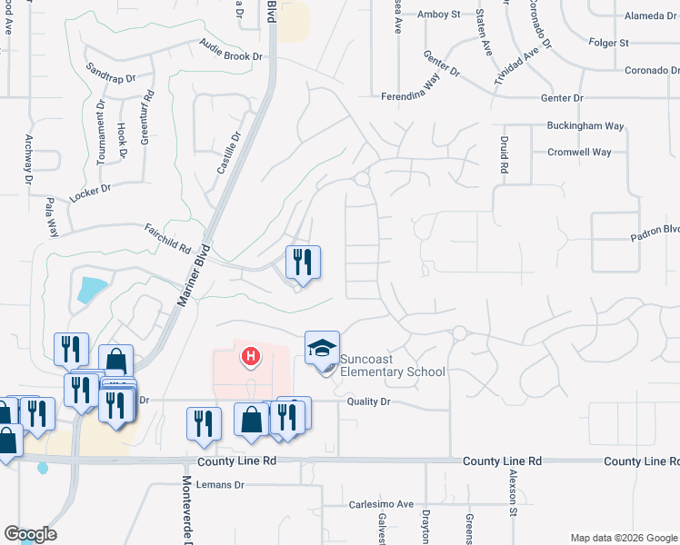 map of restaurants, bars, coffee shops, grocery stores, and more near 367 Quane Avenue in Spring Hill
