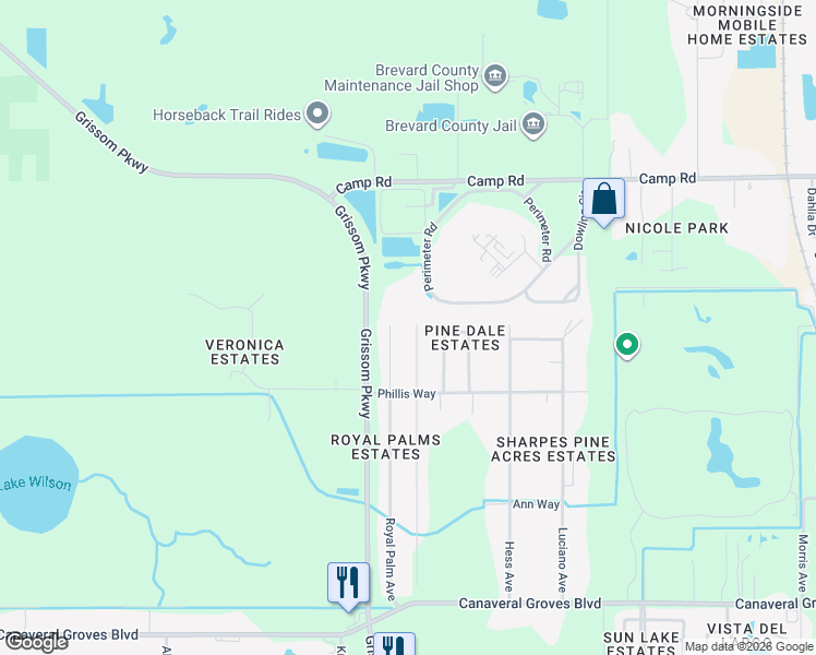 map of restaurants, bars, coffee shops, grocery stores, and more near 4265 Royal Palm Avenue in Cocoa