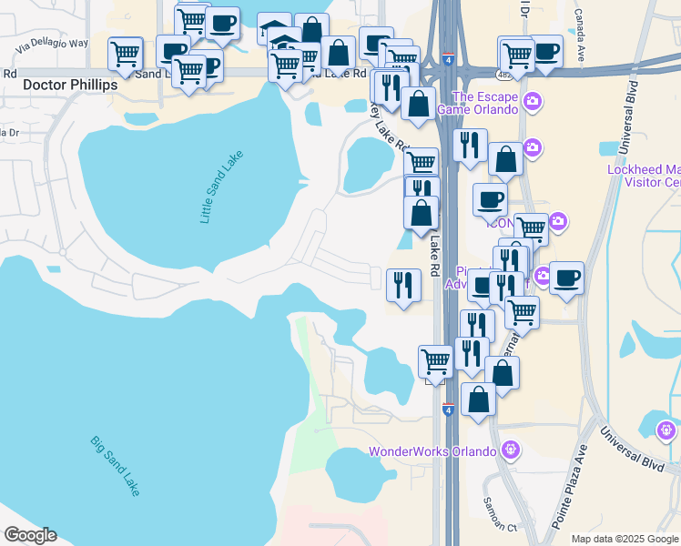 map of restaurants, bars, coffee shops, grocery stores, and more near 7361 Alpine Butterfly Lane in Orlando